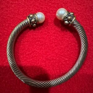 Twisted Metal Open Cuff Bracelet with White Pearl End Caps